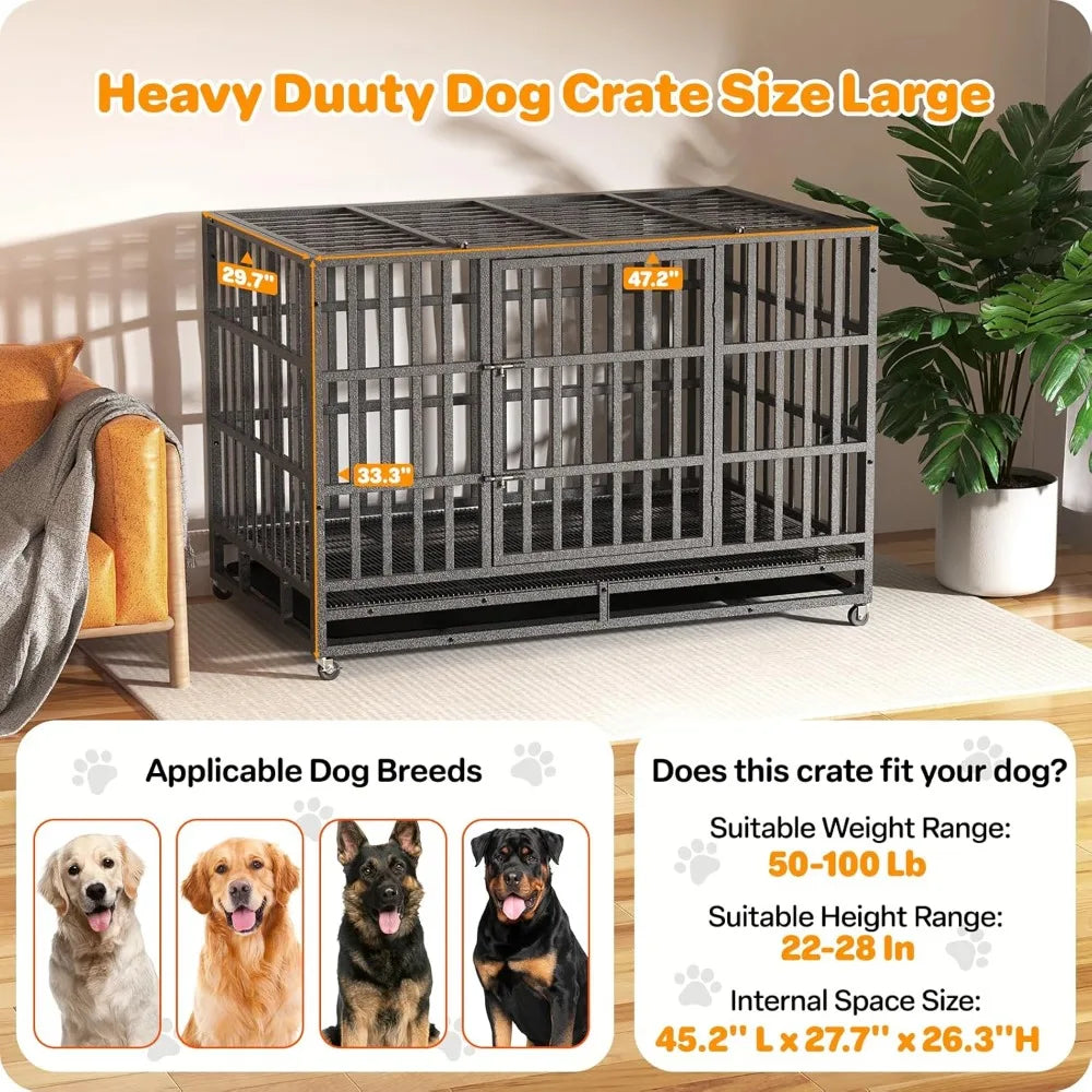 Heavy Duty Indestructible Dog Crate 48 Inch with Removable Tray, Escape Proof Double Door Cage for Large Dogs, Wheels Included