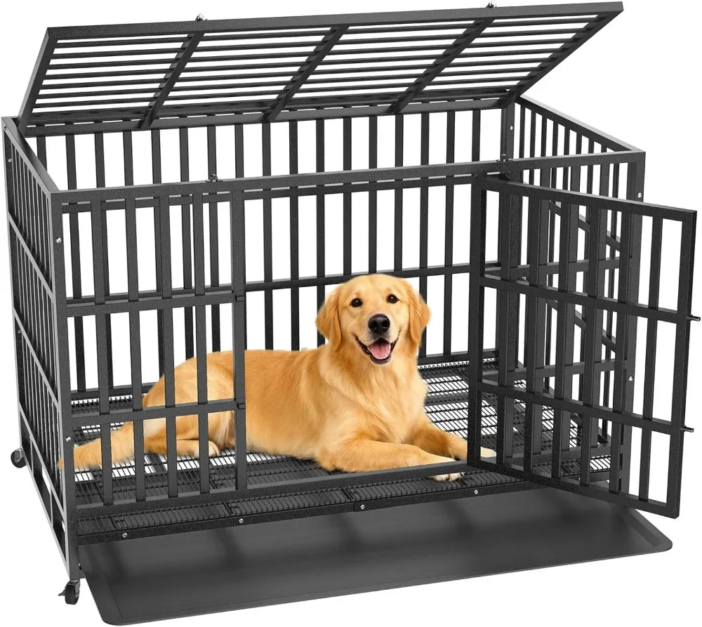 Heavy Duty Indestructible Dog Crate 48 Inch with Removable Tray, Escape Proof Double Door Cage for Large Dogs, Wheels Included