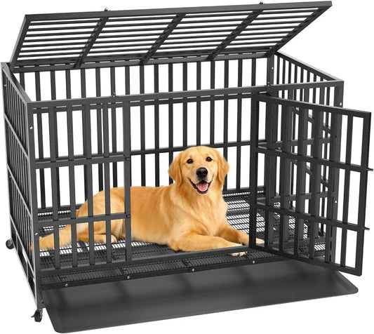 Heavy Duty Indestructible Dog Crate 48 Inch with Removable Tray, Escape Proof Double Door Cage for Large Dogs, Wheels Included