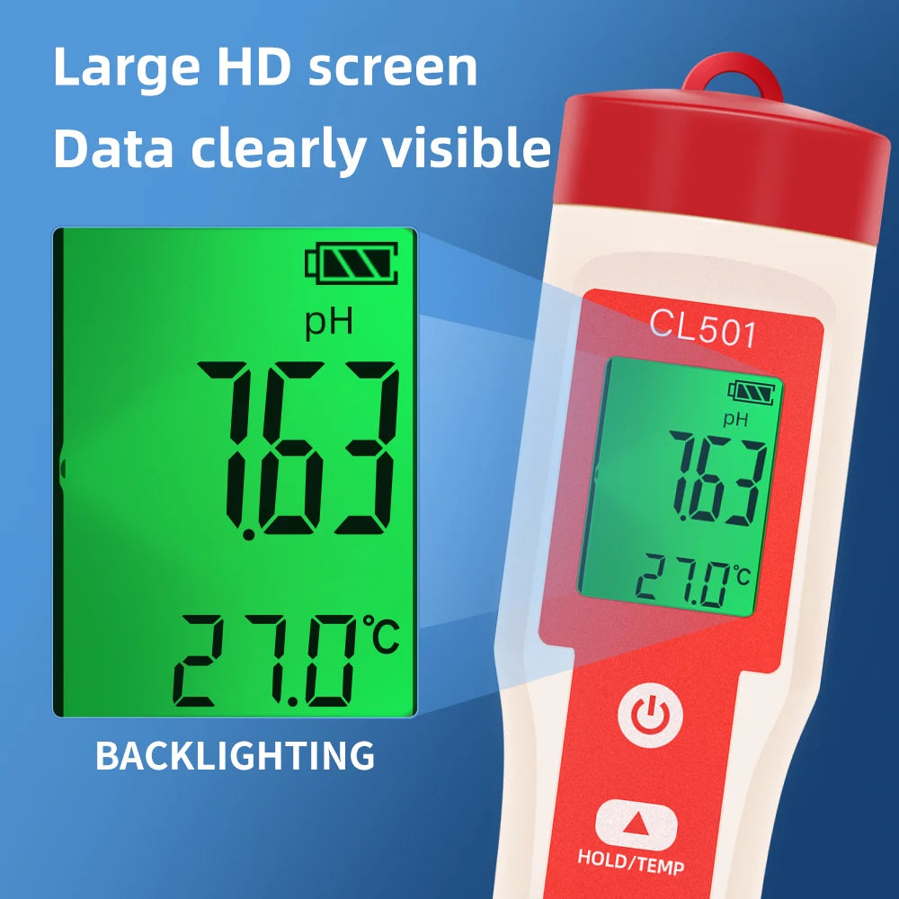 PH/CL2/H2/ORP/Temperature Meter Chlorine Detector Digital Water Quality Tester for Pools Drinking Water Aquariums Aquaculture
