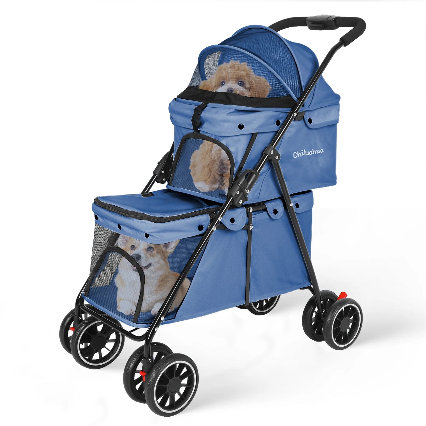 Foldable Double Pet Stroller Travel Carriage with Detachable Carriers Safety Belts for Small to Medium Dogs And Cats