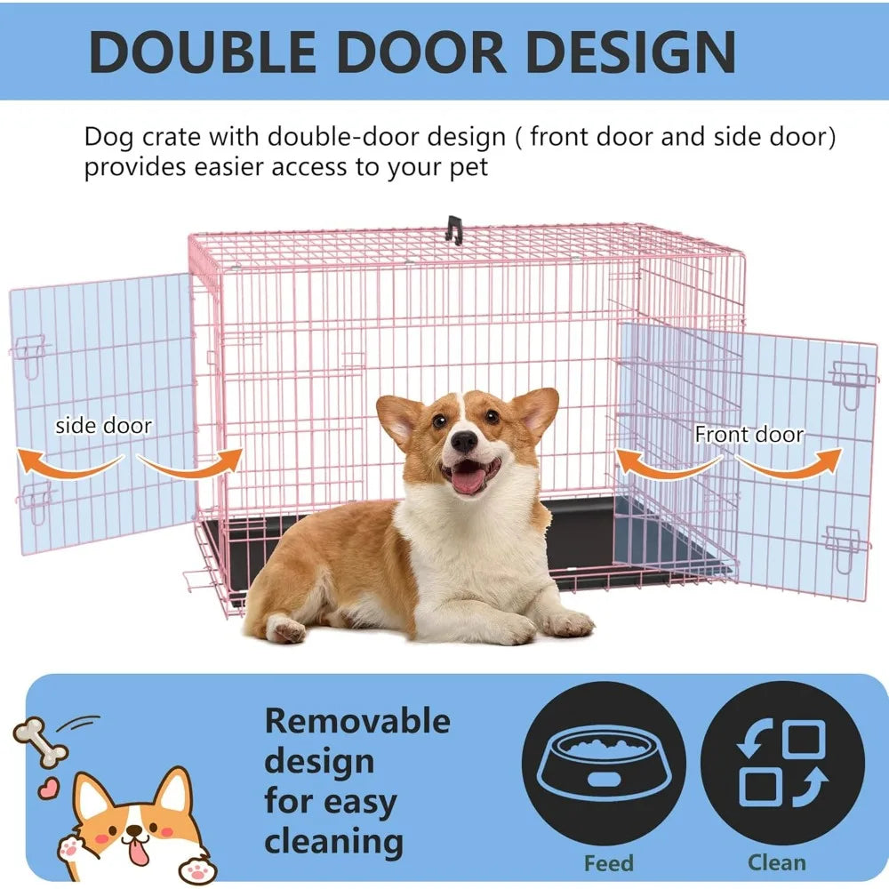 30 Inch Double Door Folding Metal Dog Crate with Removable Tray and Divider for Medium Dogs in Pink