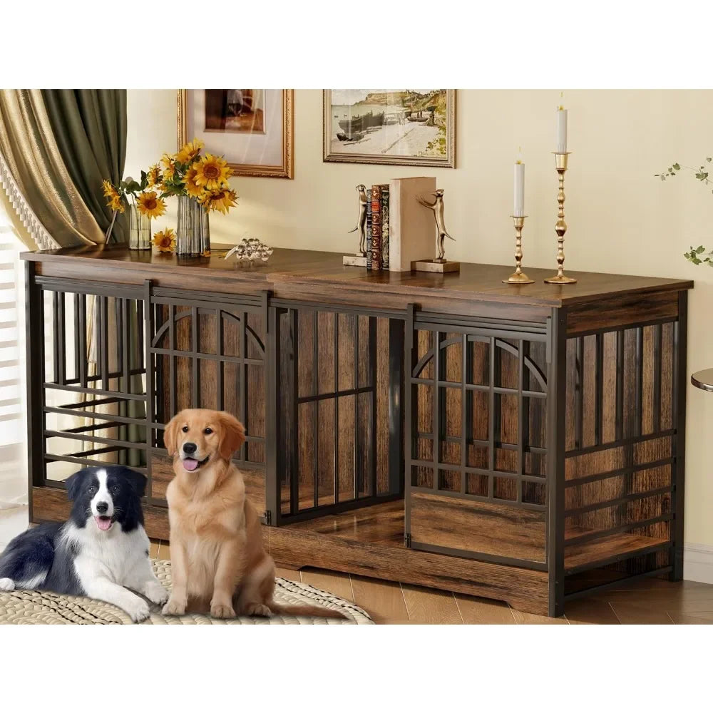 Double Dog Crate Furniture, Extra Large Dog Kennel Indoor with Divider, Heavy Duty Dog Cage for 2 Dogs, Decorative