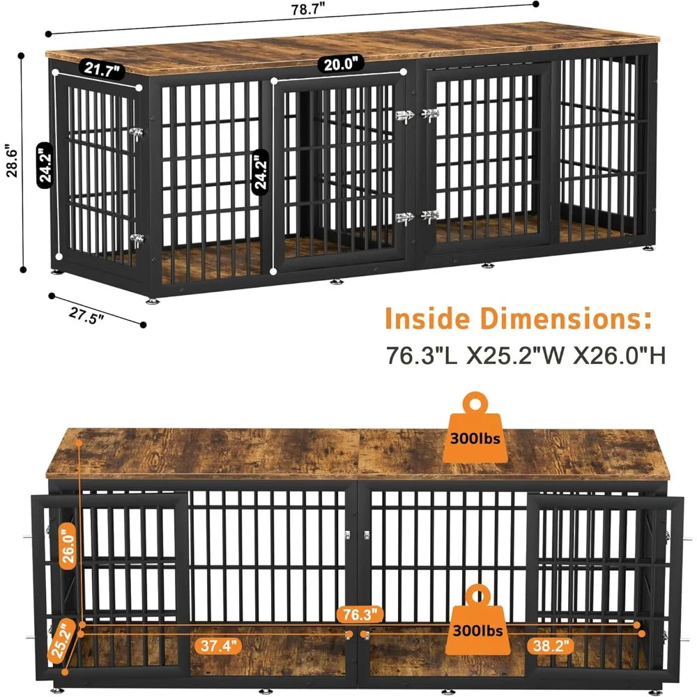 78 Inch Double Dog Crate Furniture, Heavy Duty Extra Large Cage Furniture with Divider for 2 Dogs, Decorative Wooden Kennel Furn