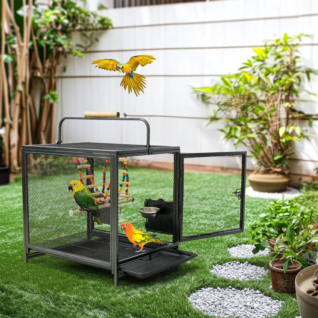 Portable Bird Cage Travel Carrier Cage Playpen with Hammock Toy Removable Tray