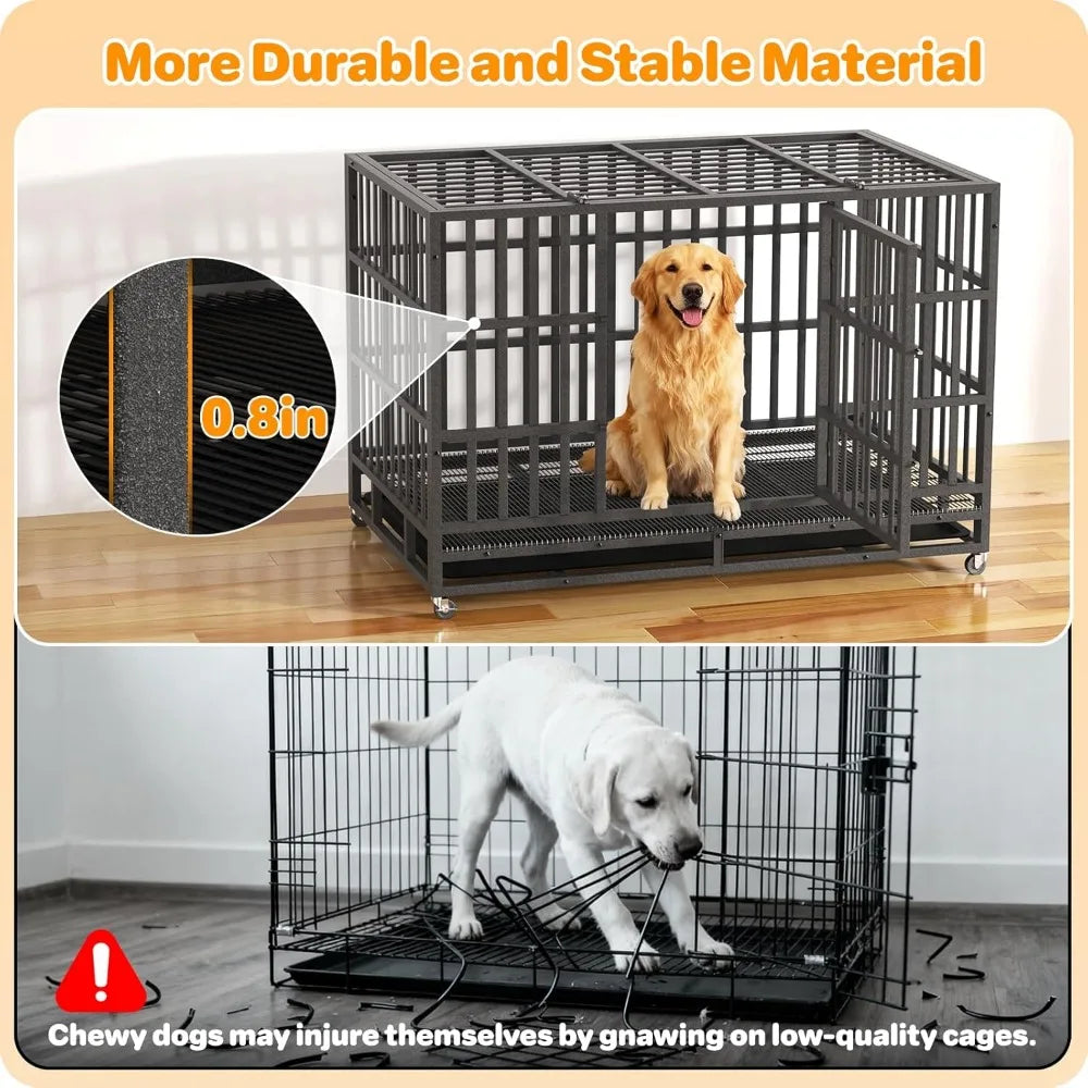 Heavy Duty Indestructible Dog Crate 48 Inch with Removable Tray, Escape Proof Double Door Cage for Large Dogs, Wheels Included