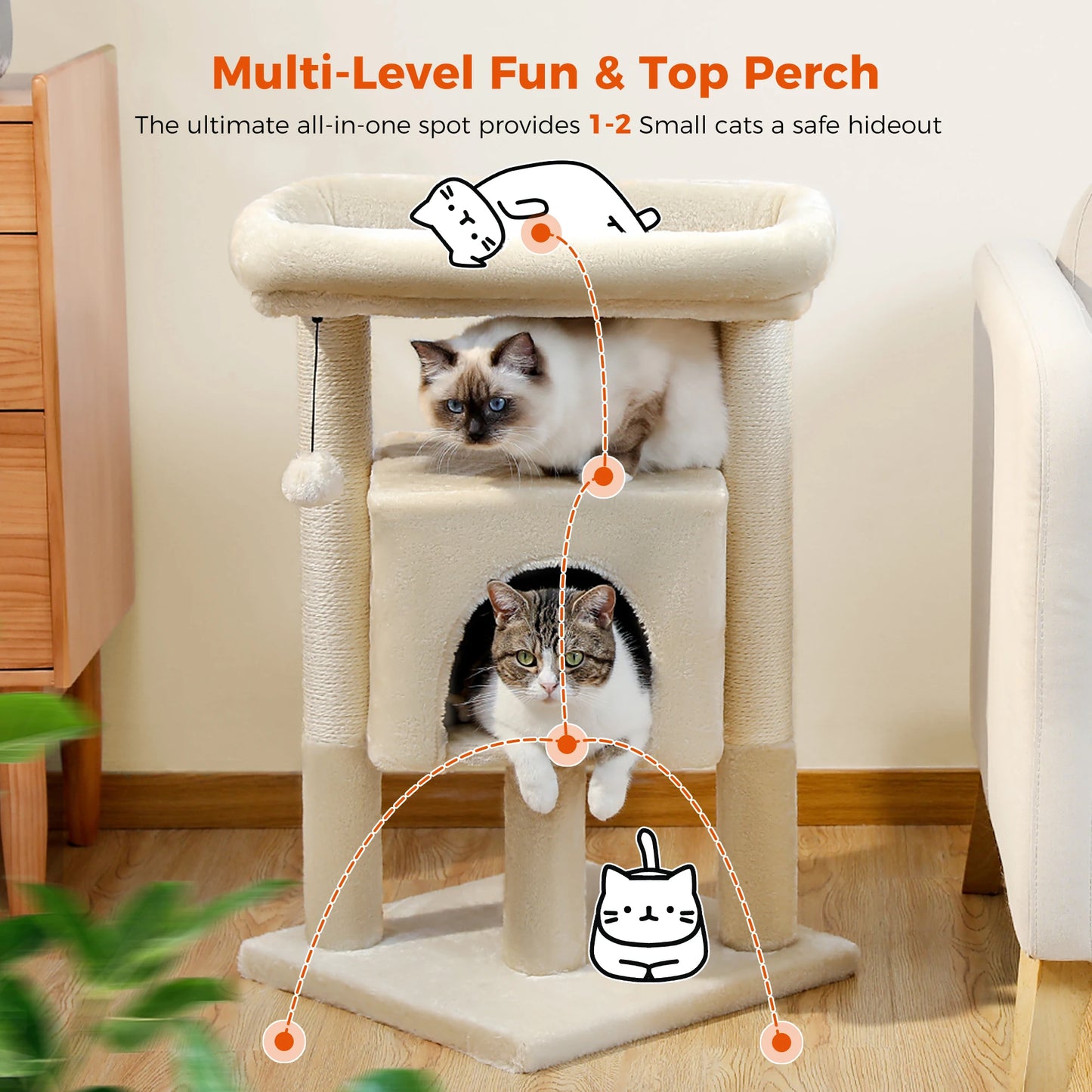 Small Cat Tree Tower with Natural Sisal Scratching Posts Soft Top Perch and Plush Pom-pom Cozy Cat Condo Bed for Indoor Cat Toys