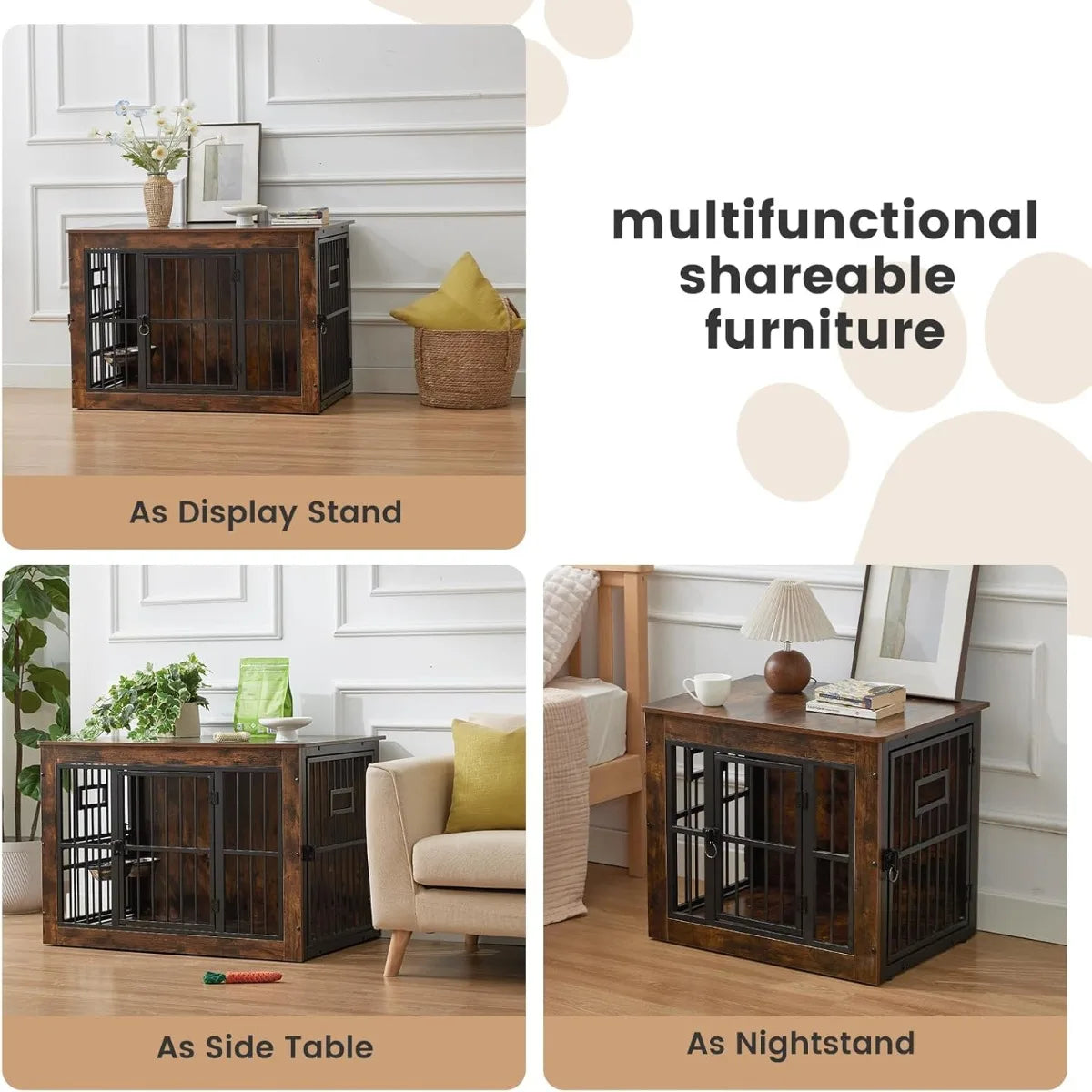 27 Inch Heavy Duty Dog Crate Furniture, Decorative Pet House End Table with 3 Doors & Adjustable Bowls, Rustic Grey Kennel