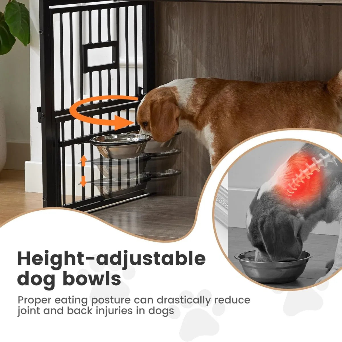27 Inch Heavy Duty Dog Crate Furniture, Decorative Pet House End Table with 3 Doors & Adjustable Bowls, Rustic Grey Kennel