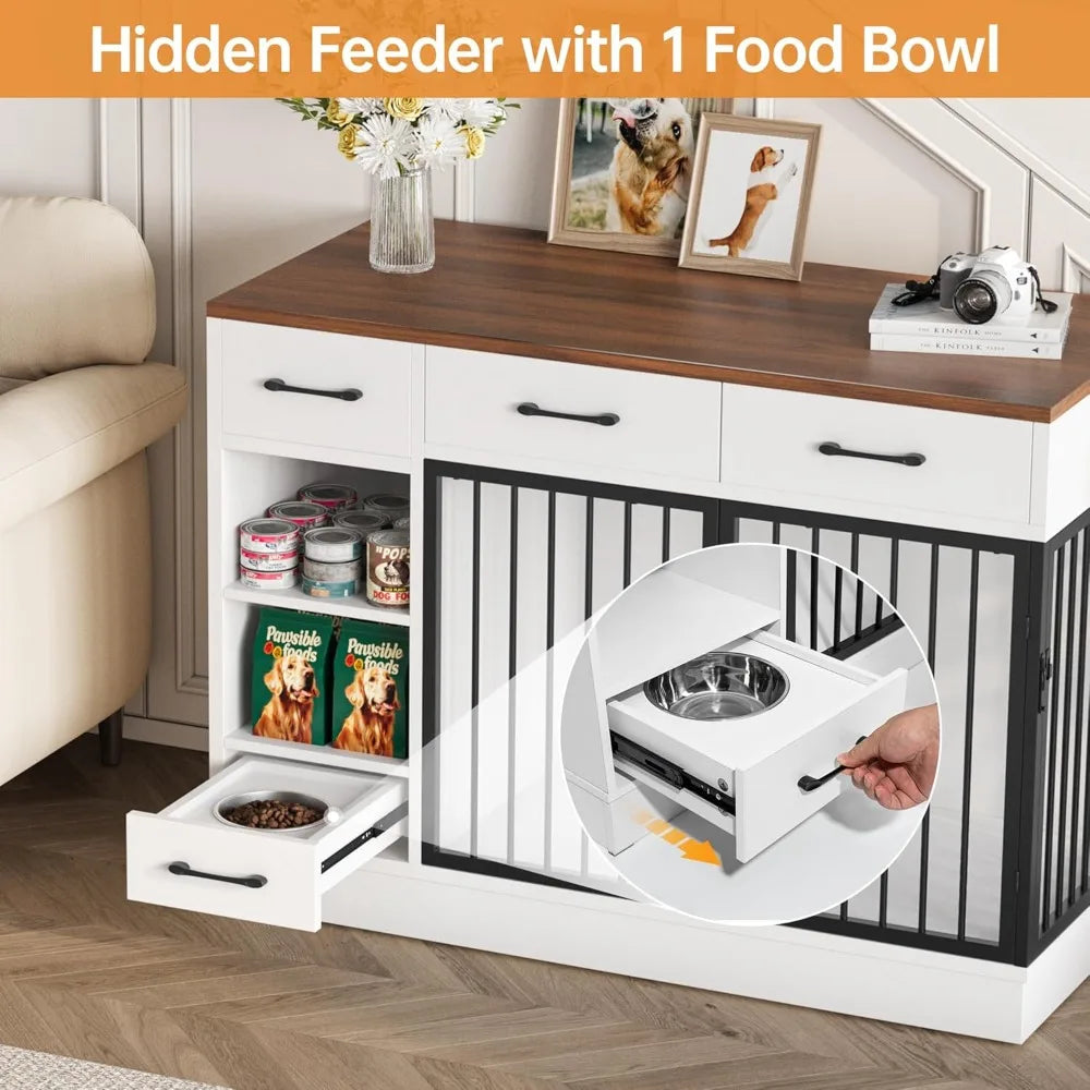 Large Wooden Dog Crate With 3 Drawers And Hidden Feeder