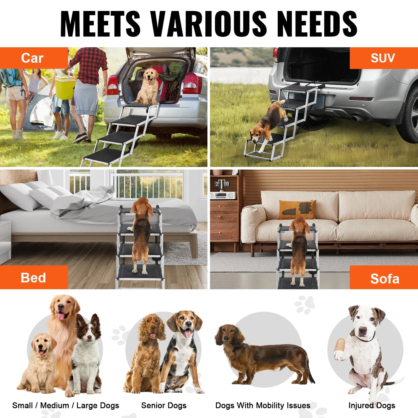 SucceBuy Dog Stair for Cars Wide Dog Car Steps Folding Portable Pet Steps Lightweight Aluminum for Car SUV and Truck 150 lbs