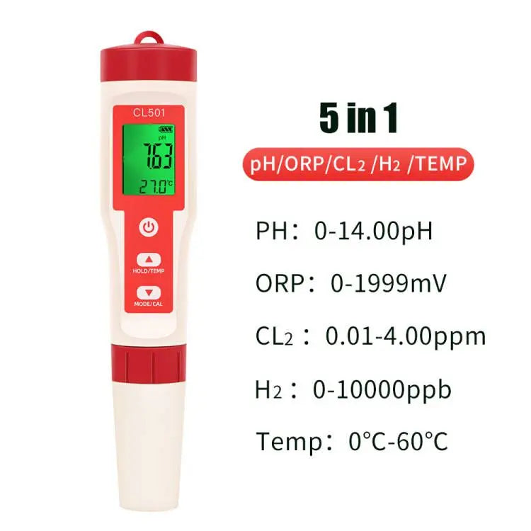 PH/CL2/H2/ORP/Temperature Meter Chlorine Detector Digital Water Quality Tester for Pools Drinking Water Aquariums Aquaculture