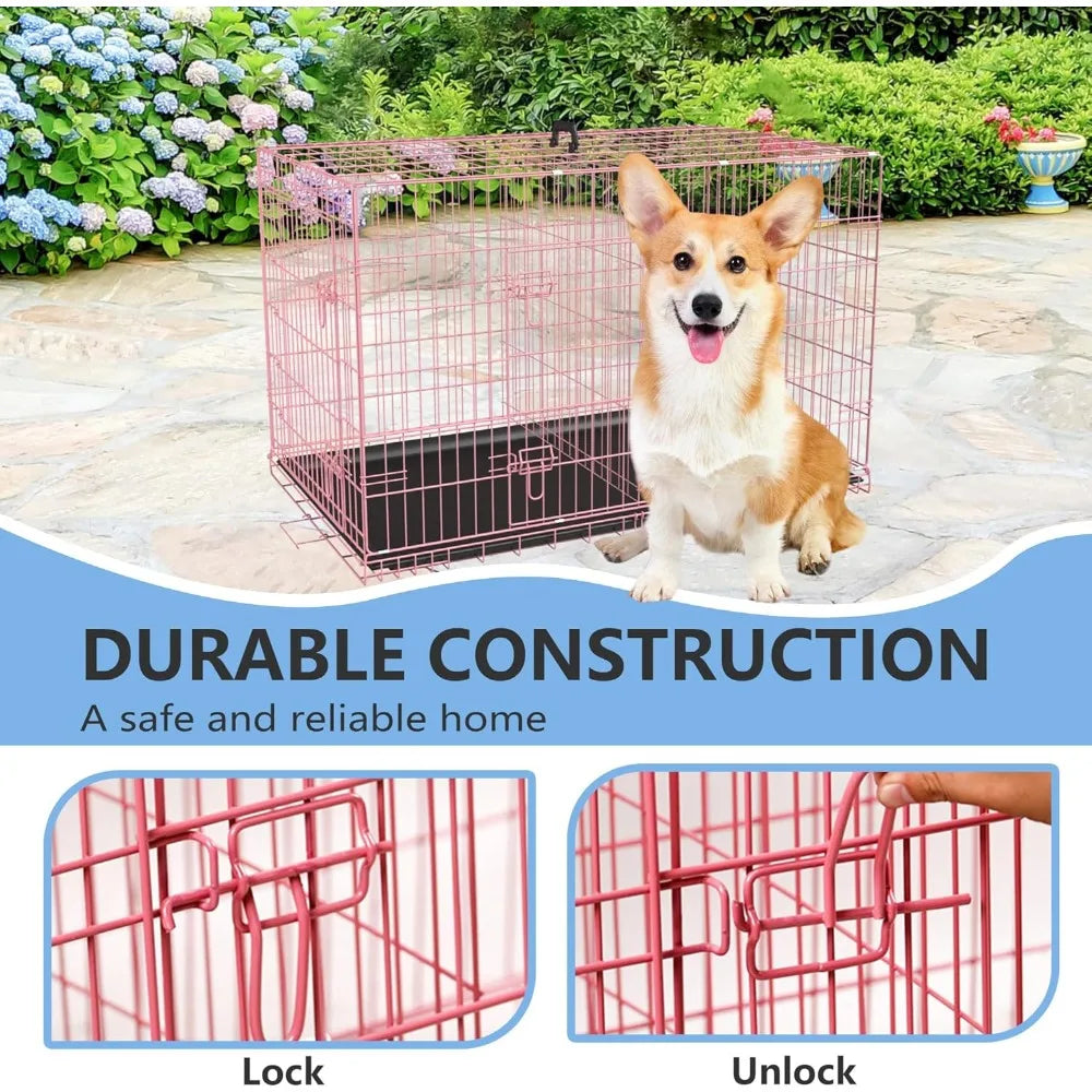 30 Inch Double Door Folding Metal Dog Crate with Removable Tray and Divider for Medium Dogs in Pink
