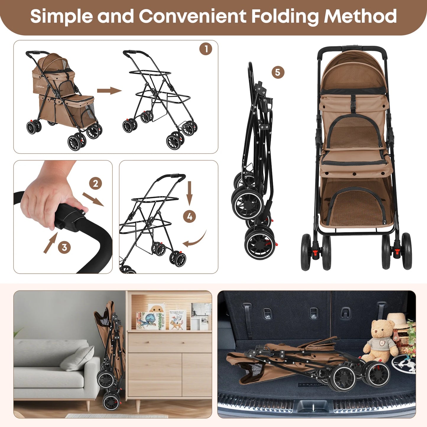 Foldable Double Pet Stroller Travel Carriage with Detachable Carriers Safety Belts for Small to Medium Dogs And Cats