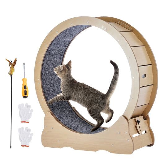 SucceBuy Wooden Cat Exercise Wheel Large Cat Treadmill Wheel for Indoor Cat Running Wheel With Detachable Carpet& Cat Teaser