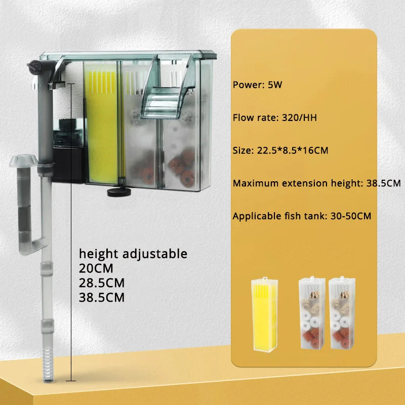 Small Medium Aquarium Waterfall Wall Mounted Filtration Filter Modular Filter Cartridges Adjustable Flow Waterfall Oxygenation