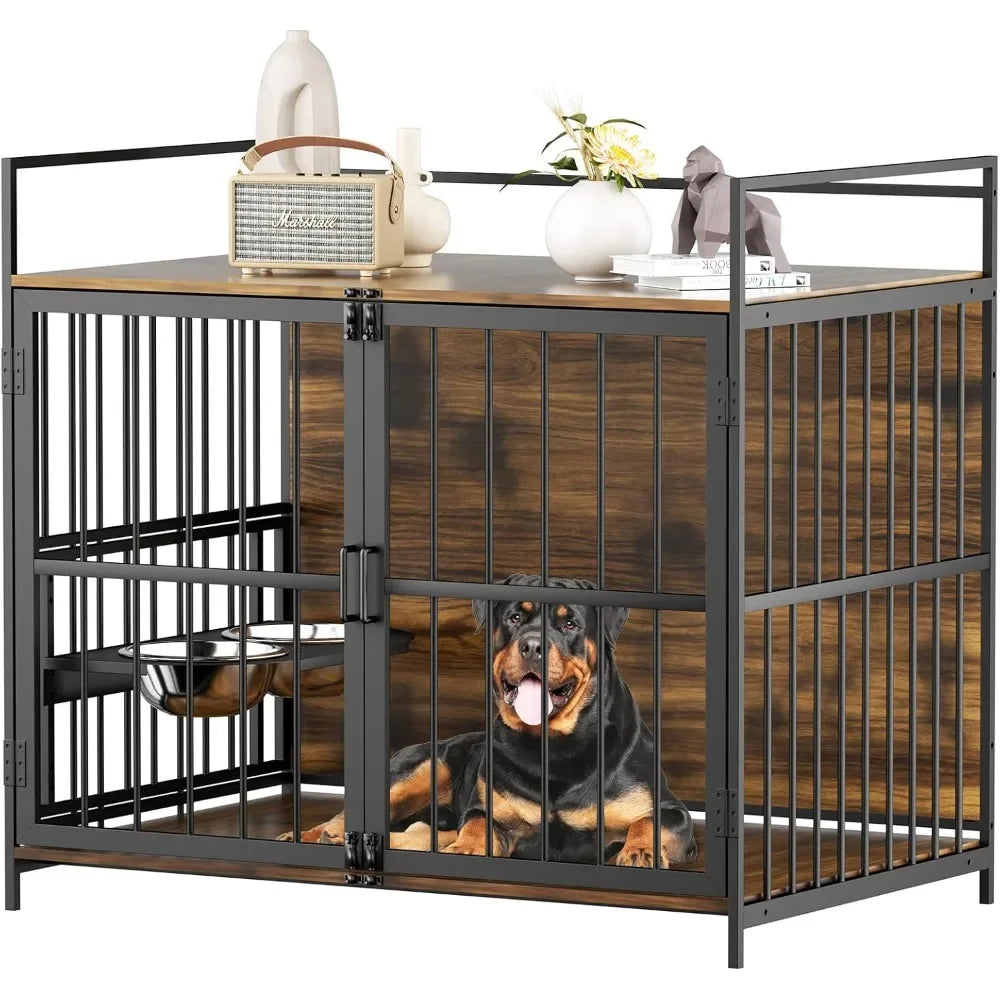 Dog Crate Furniture-Style Cages for Large Dogs Indoor Heavy Duty Super Sturdy Dog Kennels with 2 Stainless Steel Bowls