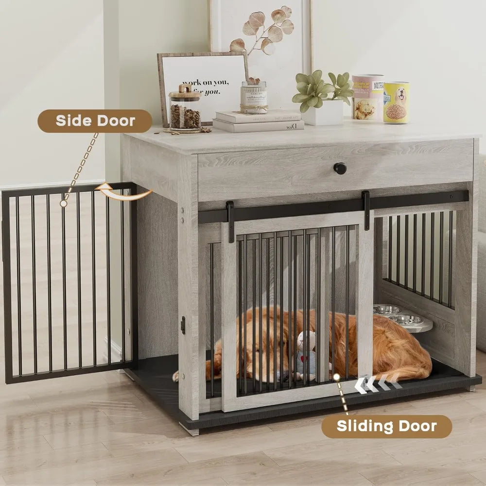 Wooden Storage Drawer Dog Crate With Sliding Door Indoor