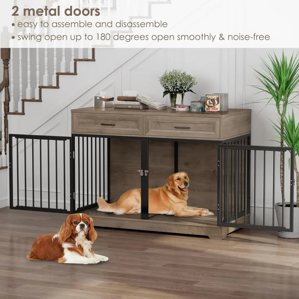 Wooden Dog Crate Furniture 47 Inch Indoor Kennel Drawers