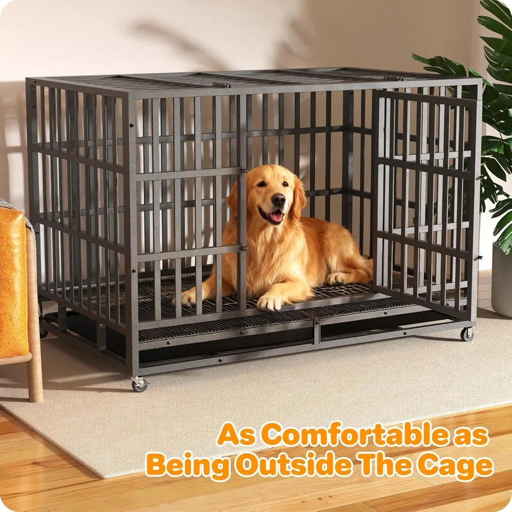 Heavy Duty Indestructible Dog Crate 48 Inch with Removable Tray, Escape Proof Double Door Cage for Large Dogs, Wheels Included