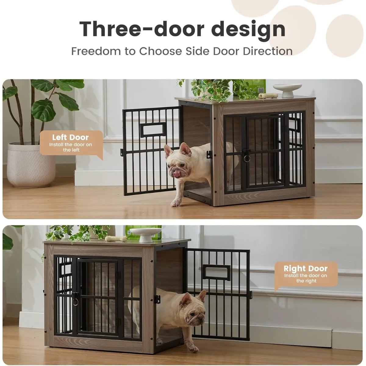 27 Inch Heavy Duty Dog Crate Furniture, Decorative Pet House End Table with 3 Doors & Adjustable Bowls, Rustic Grey Kennel