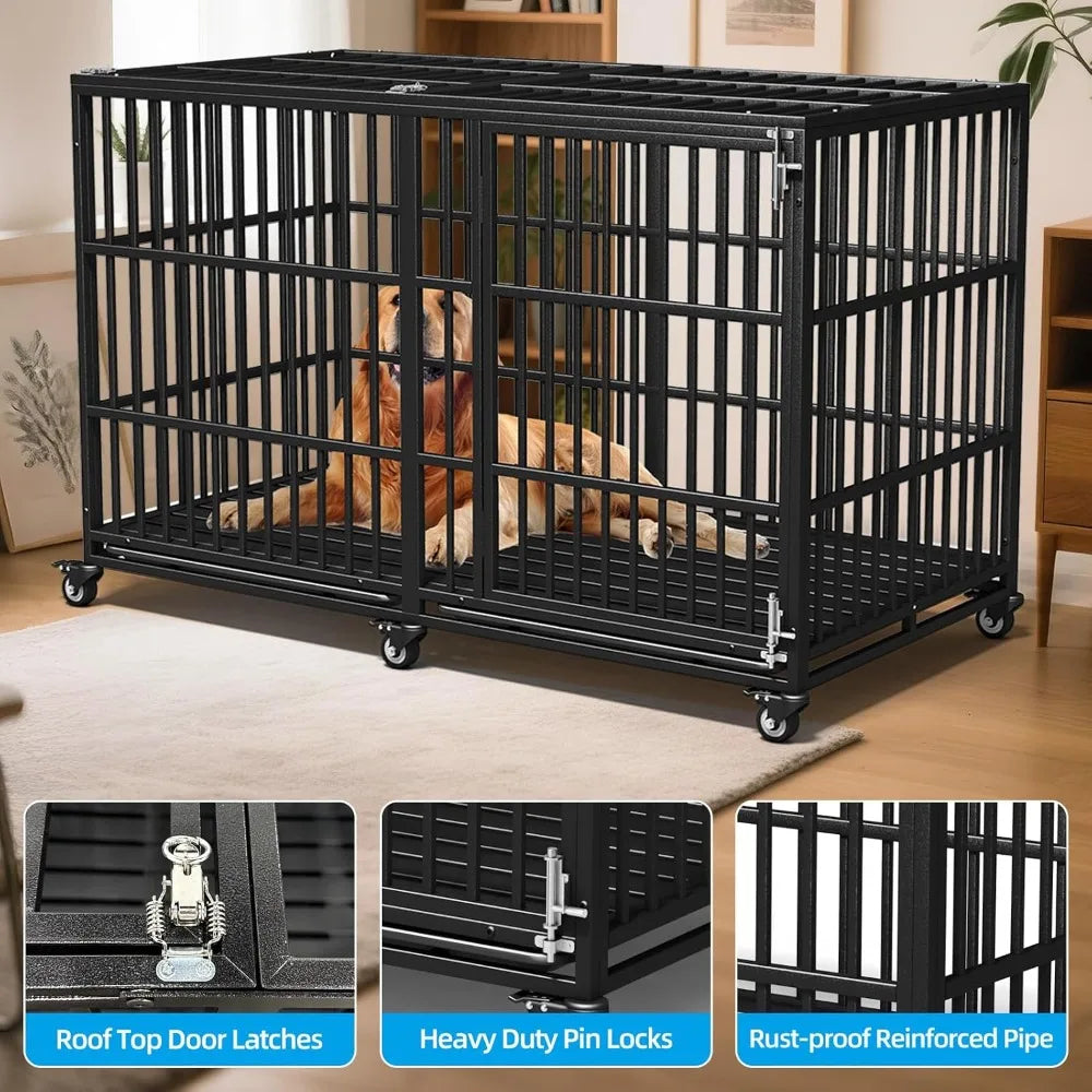 64" Heavy Duty Dog Crate Indestructible Dog Pet Kennel Cage for Extra Large Giant Breeds Double Doors Locakable Wheels High Anxi