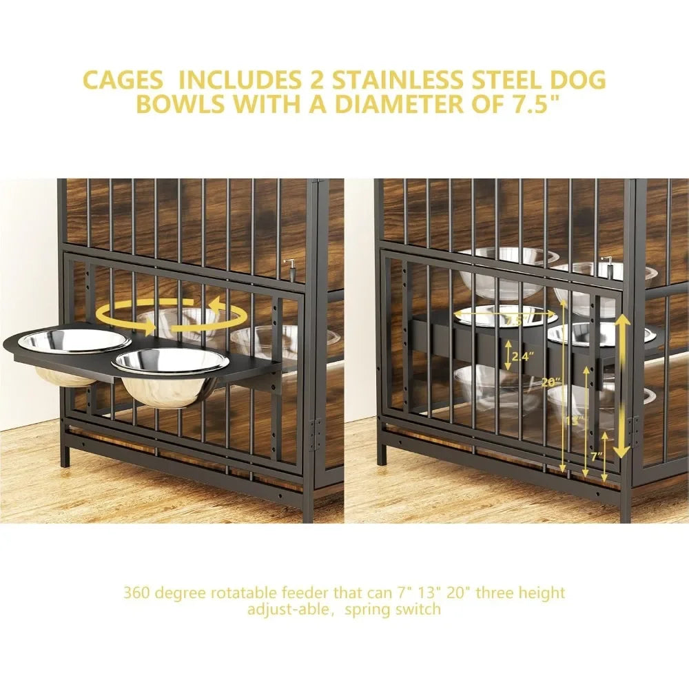 Dog Crate Furniture-Style Cages for Large Dogs Indoor Heavy Duty Super Sturdy Dog Kennels with 2 Stainless Steel Bowls