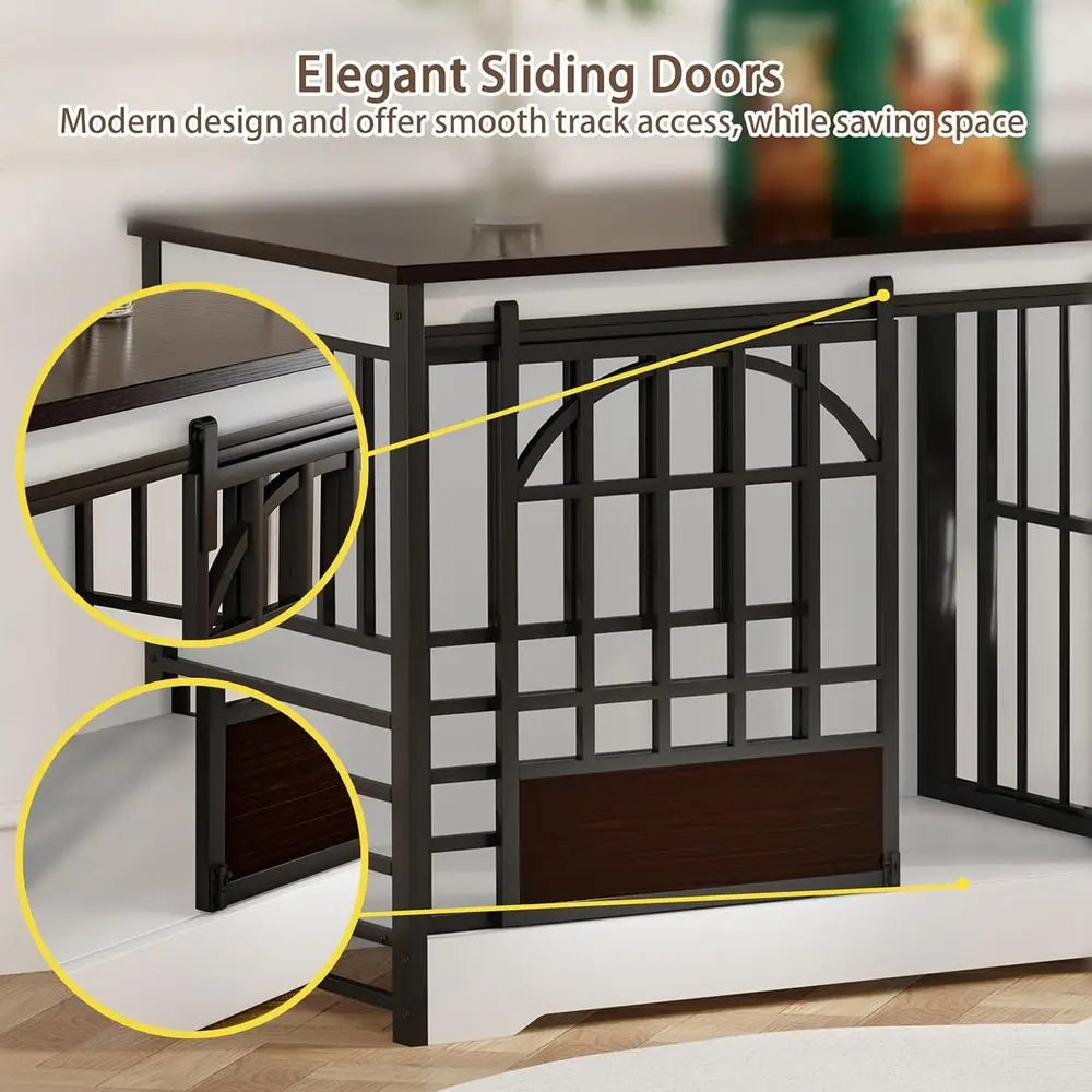 Large 78 Dog Crate with Divider, Heavy Duty Indoor Kennel for Two Dogs, Decorative Wood Dog House, TV Stand, White