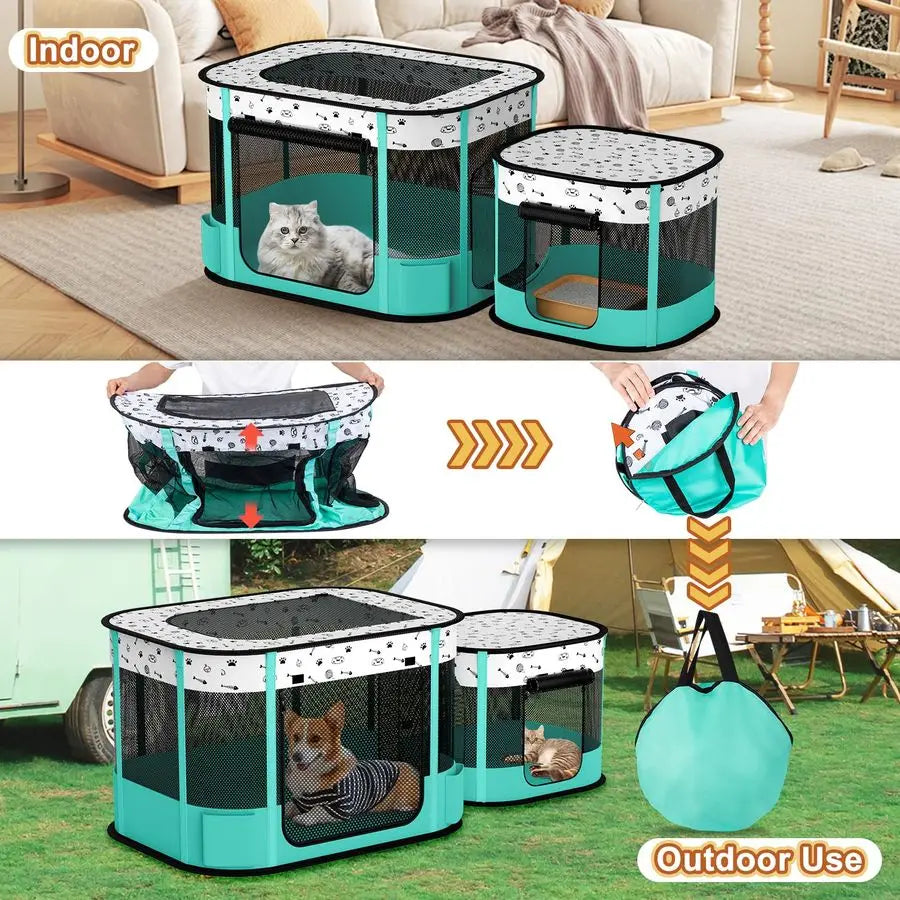Portable Cat Playpen, 8Rod Reinforced Kitten Dog Playpens, Foldable Play Pen for Indoor Cats Enclosed Pet Puppy Doggy Outdoor, C