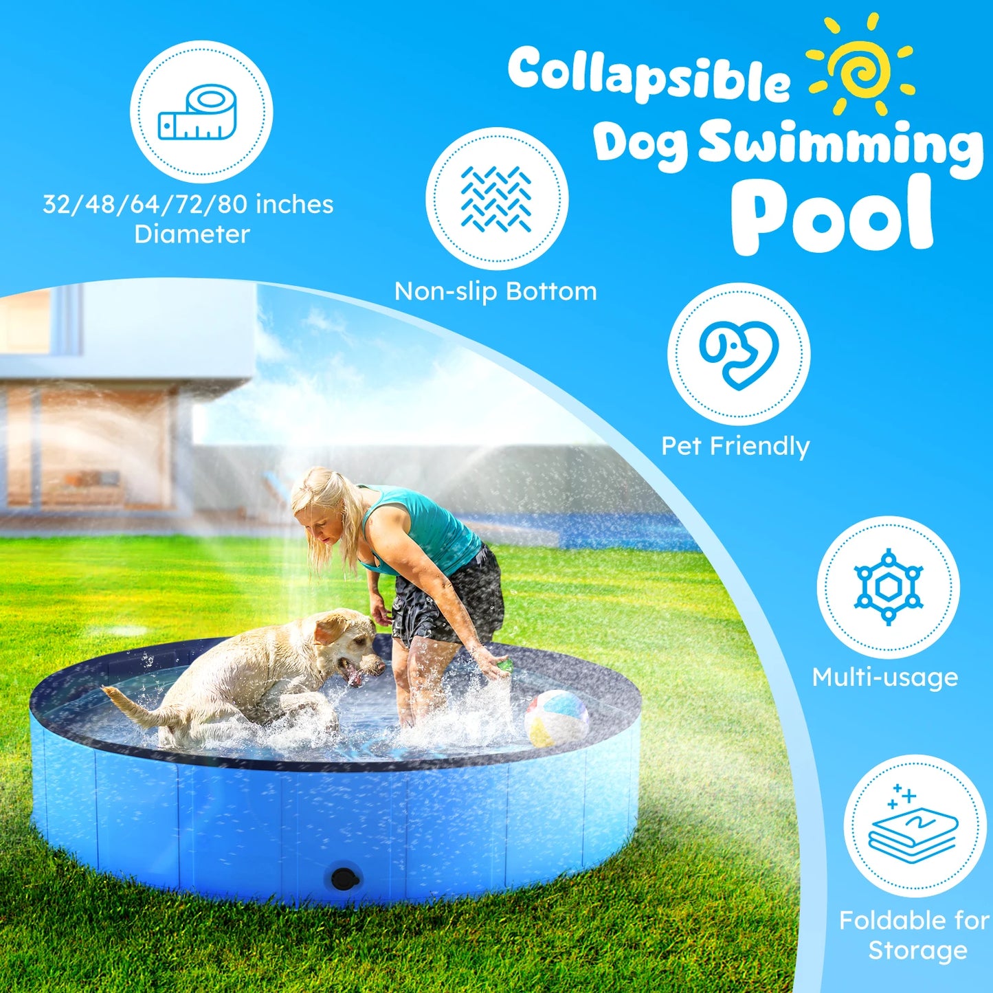 Foldable Pet Pool With Anti Slip Hard Plastic Collapsible