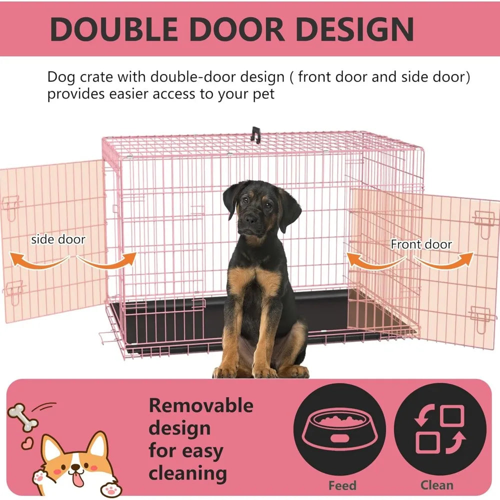 Extra Large Dog Crate with Double Door, 48 Inch Folding Metal Wire Cage, Removable Tray & Divider Panel for Large Dogs in Pink