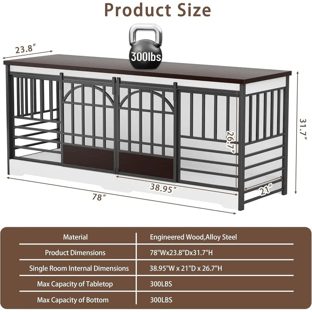 Large 78 Dog Crate with Divider, Heavy Duty Indoor Kennel for Two Dogs, Decorative Wood Dog House, TV Stand, White
