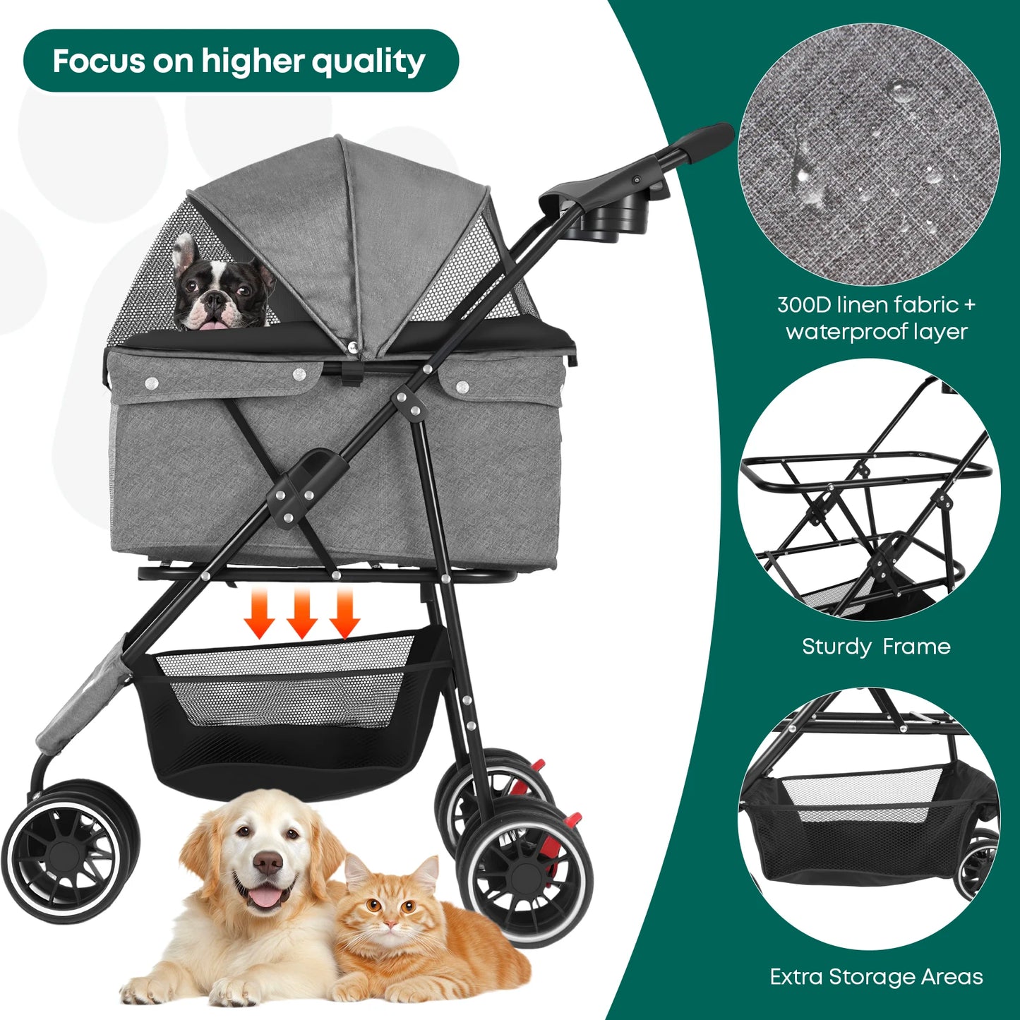 Portable Dog Stroller 3 Wheels for Small Medium Dogs&Cats Foldable Pet Cat Travel Carriage Stroller Carrier for Outside Play