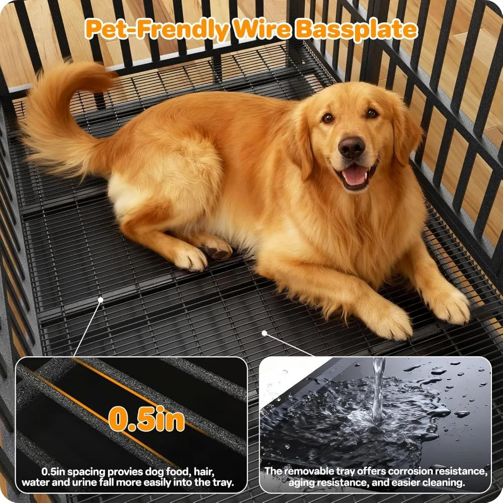 Heavy Duty Indestructible Dog Crate 48 Inch with Removable Tray, Escape Proof Double Door Cage for Large Dogs, Wheels Included