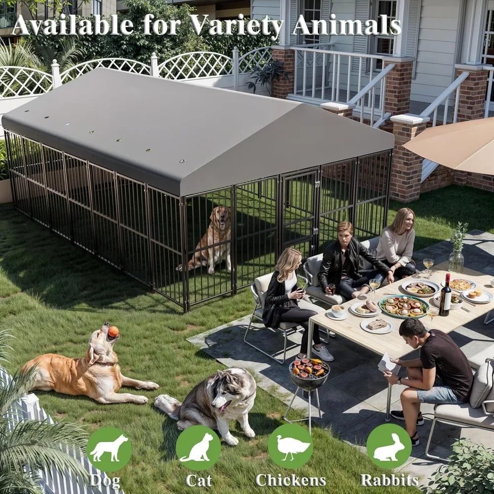 Heavy-Duty Outdoor Dog Kennel - 10x14FT Enclosed Run with Roof, Feeding Door, and Double Locks for Pet Safety