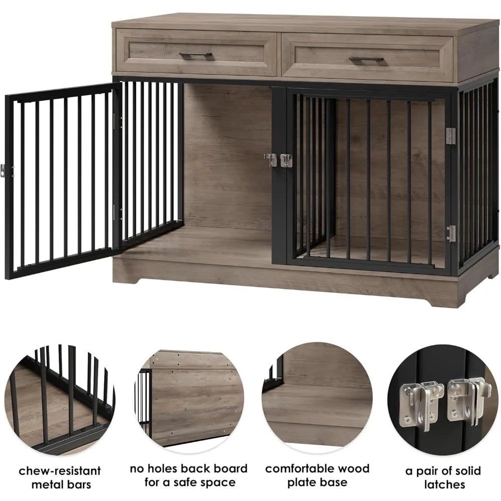 Wooden Dog Crate Furniture 47 Inch Indoor Kennel Drawers