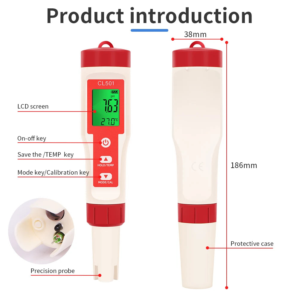 PH/CL2/H2/ORP/Temperature Meter Chlorine Detector Digital Water Quality Tester for Pools Drinking Water Aquariums Aquaculture
