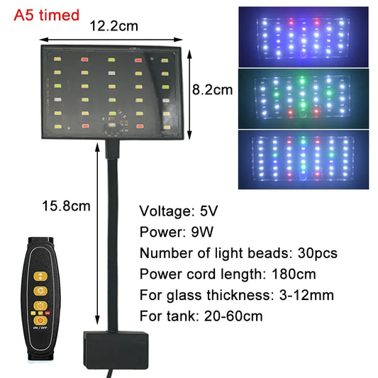 USB Aquarium LED Light Full Spectrum Aquatic Plant Grow Lamp Fish Tank Adjustable Brightness Dimmable Timed 360° rotatable Ligh