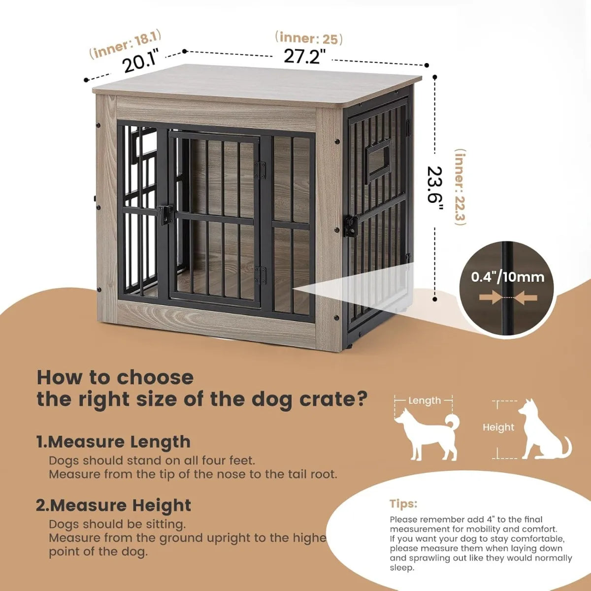 27 Inch Heavy Duty Dog Crate Furniture, Decorative Pet House End Table with 3 Doors & Adjustable Bowls, Rustic Grey Kennel