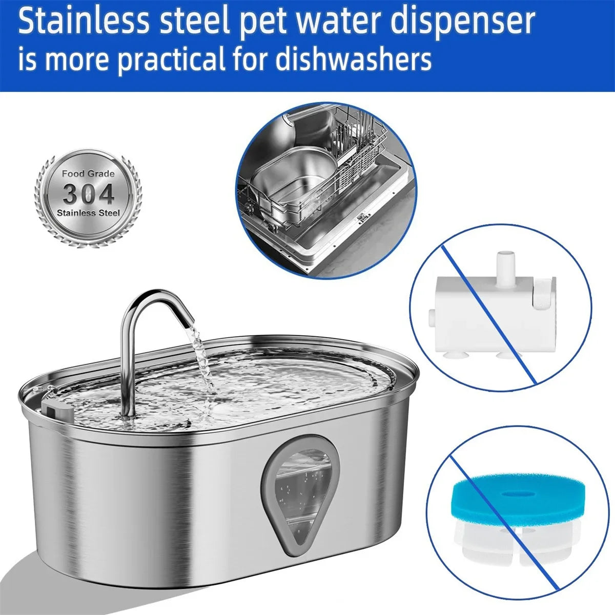3.5L Stainless Steel Cat Water Fountain Auto Cat Fountain with Water Level Window Automatic Pet Dispenser for Multiple Cats Dogs