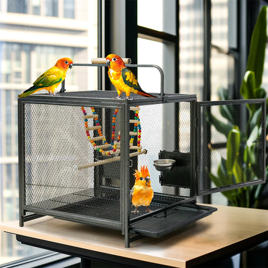 Portable Bird Cage Travel Carrier Cage Playpen with Hammock Toy Removable Tray