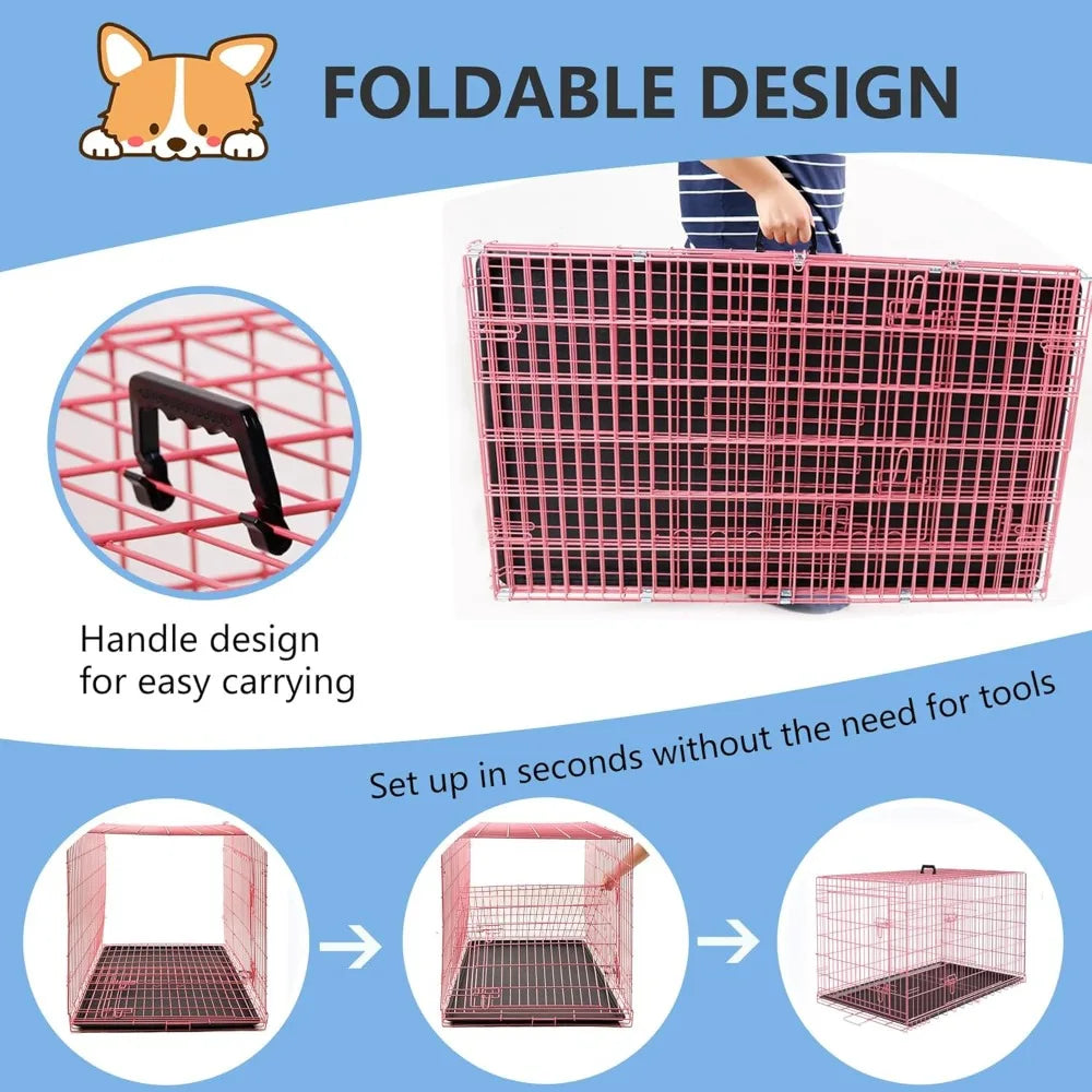 30 Inch Double Door Folding Metal Dog Crate with Removable Tray and Divider for Medium Dogs in Pink
