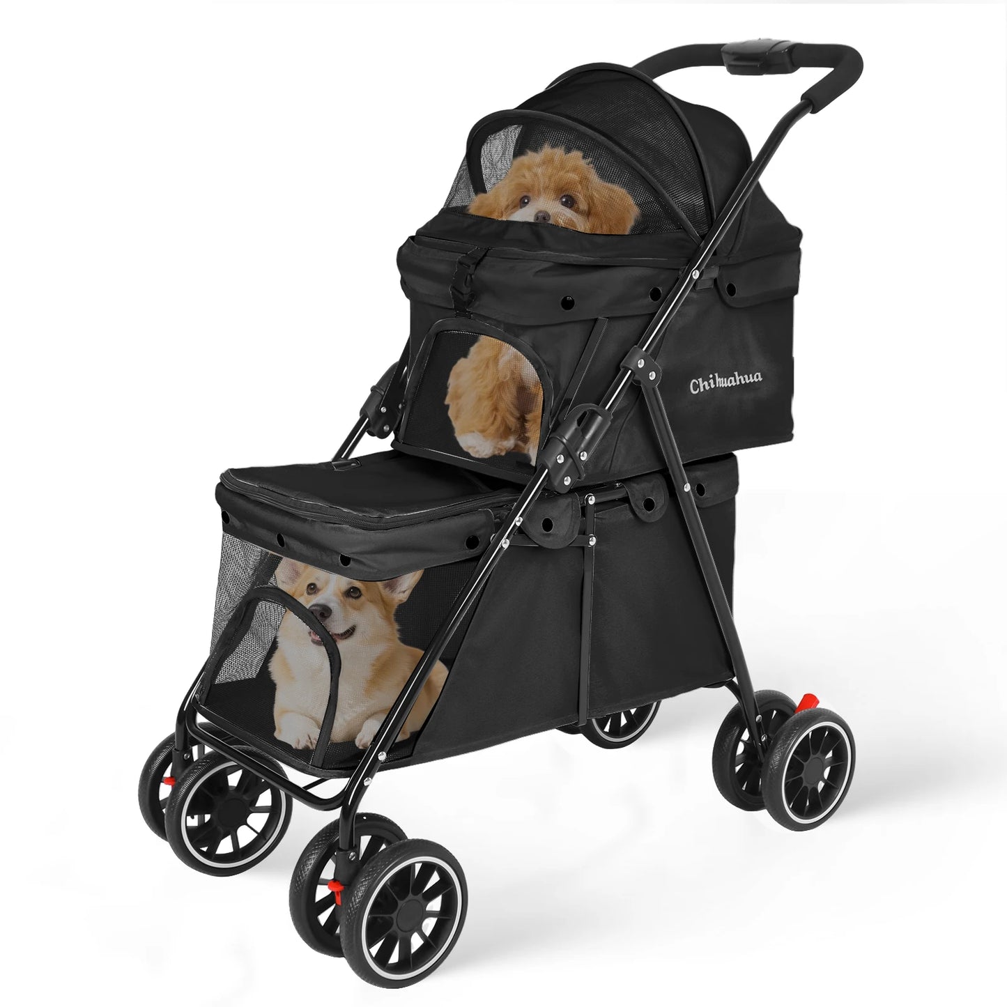 Foldable Double Pet Stroller Travel Carriage with Detachable Carriers Safety Belts for Small to Medium Dogs And Cats