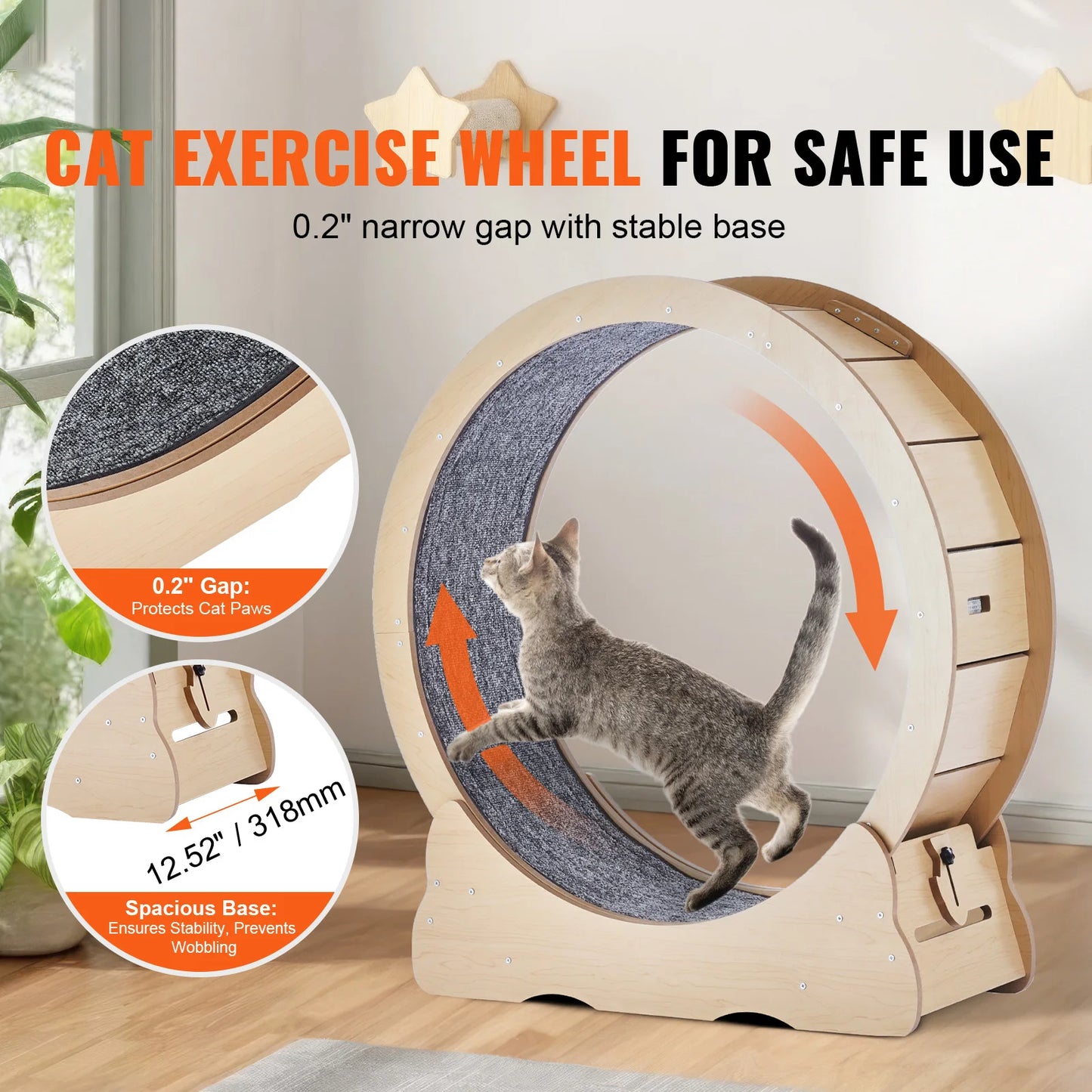 SucceBuy Wooden Cat Exercise Wheel Large Cat Treadmill Wheel for Indoor Cat Running Wheel With Detachable Carpet& Cat Teaser