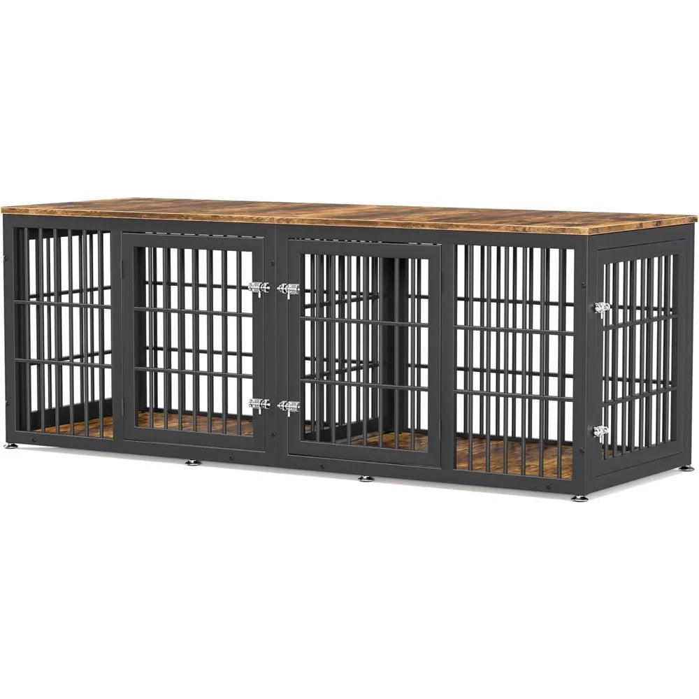 78 Inch Double Dog Crate Furniture, Heavy Duty Extra Large Cage Furniture with Divider for 2 Dogs, Decorative Wooden Kennel Furn