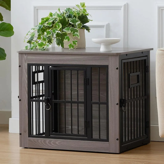 27 Inch Heavy Duty Dog Crate Furniture, Decorative Pet House End Table with 3 Doors & Adjustable Bowls, Rustic Grey Kennel