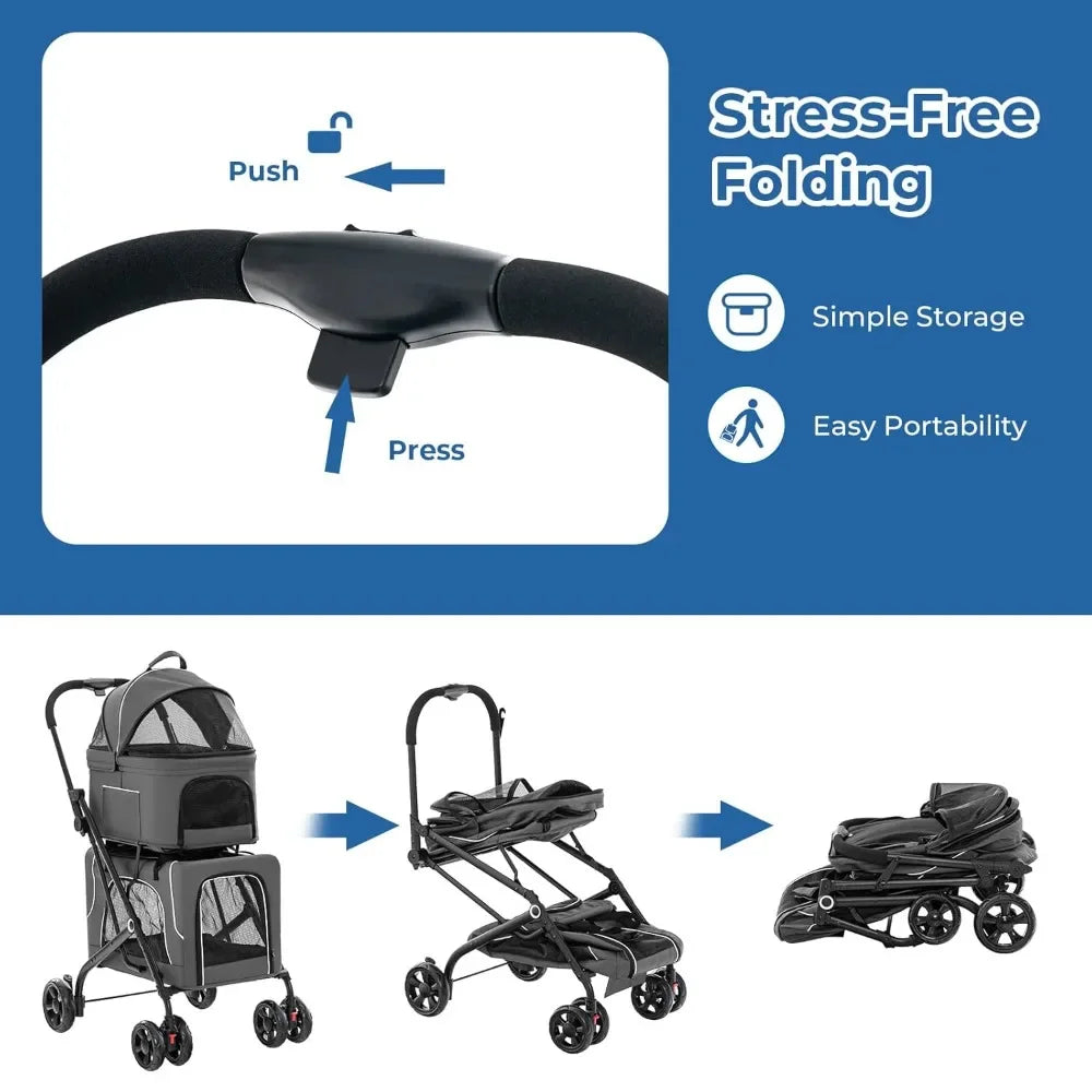 Double Dog Stroller, Removable Carrycot, Safety Belt, 4 Lockable Wheels, Pet Travel Carrycot Stroller, Foldable Cat Stroller