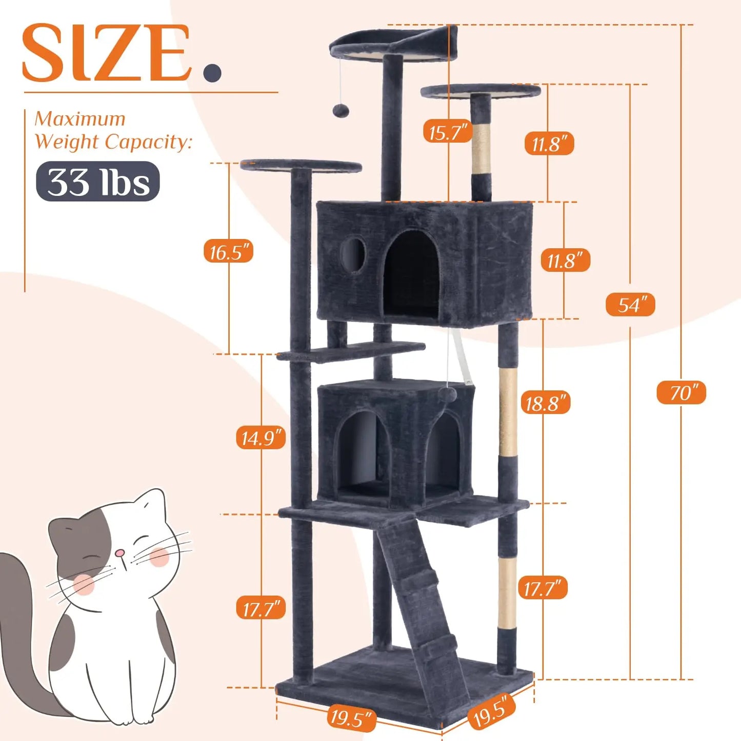 JHK 70 inch Cat Tree Tower Large Multi Level Cat Climbing Tower with Condo Natural Sisal Scratching Posts Pet House for Indoor