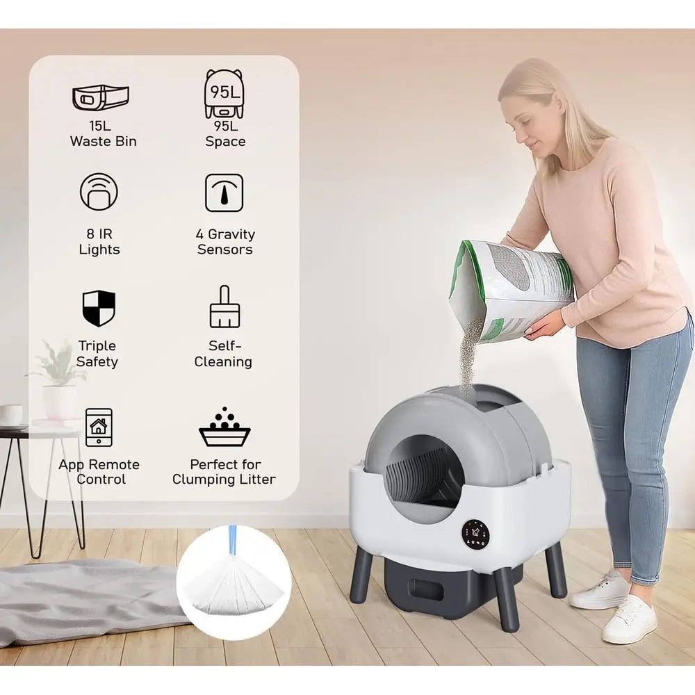 Extra Large Smart Cat Litter Box S7 - Self-Cleaning, App-Controlled, Low Noise, Washable with 40 Trash Bags