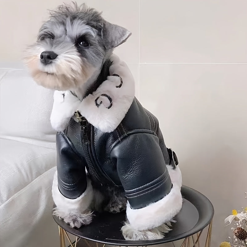 Small Dog Winter Coat | Suitable for Pomeranian, Teddy, Schnauzer - Thickened Motorcycle Style Faux Leather Outer Cover with Fleece, Warm Zipper, Machine Washable